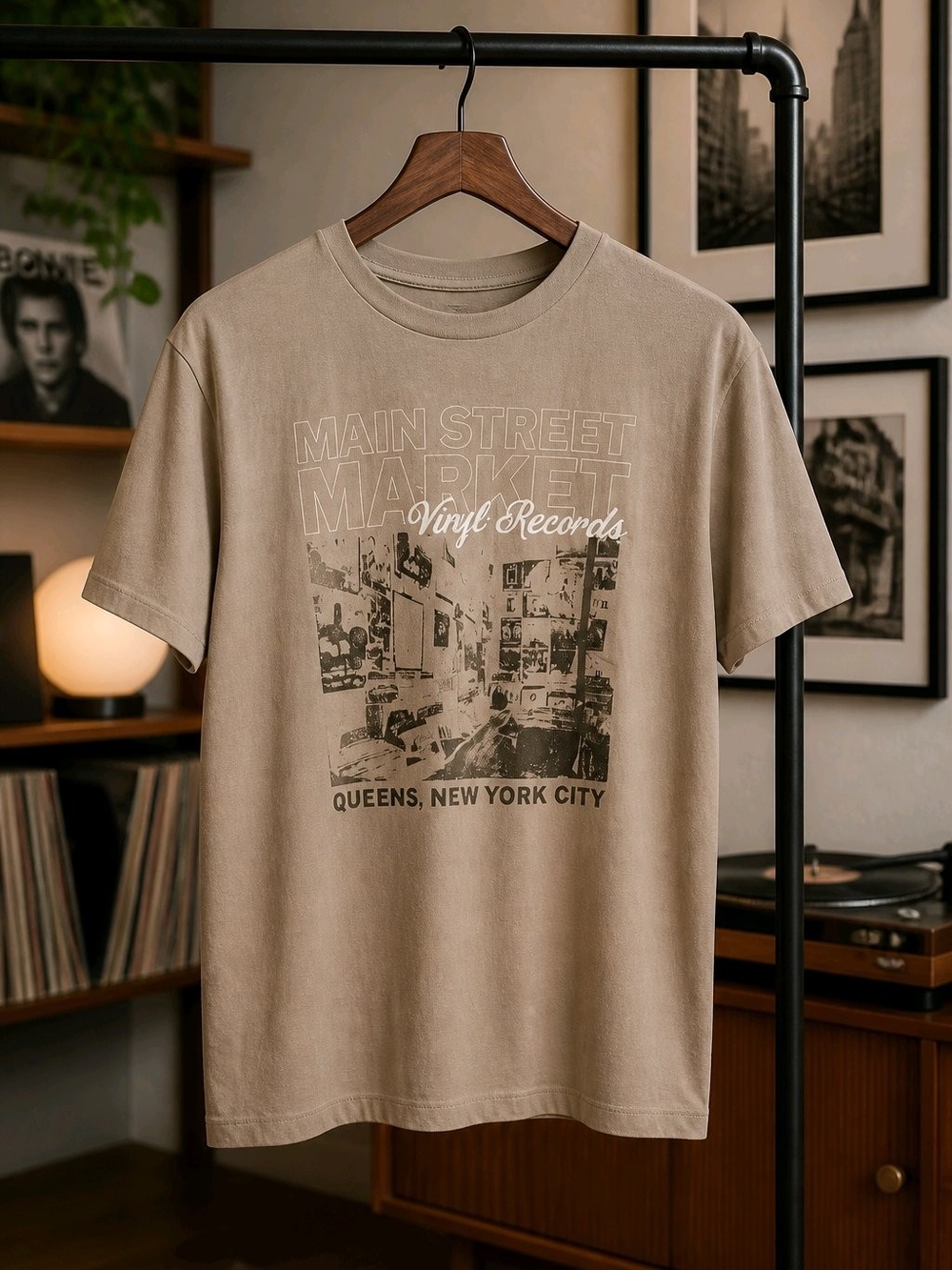 Main Street Market Vinyl Records Graphic Tee - Beige